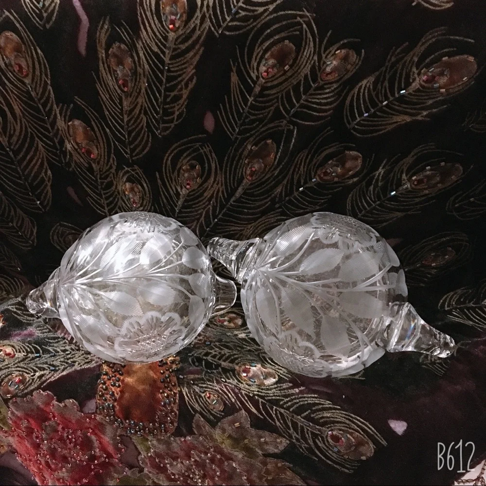 Vintage Heavy Cut Crystal Sawtooth Edge Cream & Sugar Not Pressed Glass Antique